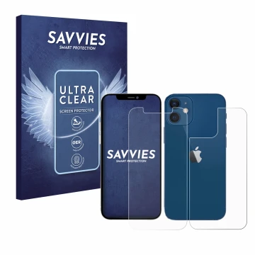 Parte frontal de un envase de producto con el logotipo de la marca Savvies. Al lado se muestra el dispositivo Apple iPhone 12 
