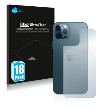 Parte frontal de un envase de producto con el logotipo de la marca Savvies. Al lado se muestra el dispositivo Apple iPhone 12 