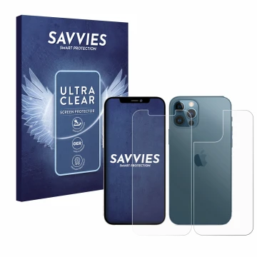 Parte frontal de un envase de producto con el logotipo de la marca Savvies. Al lado se muestra el dispositivo Apple iPhone 12 