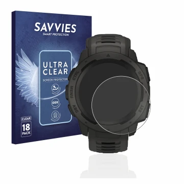 Parte frontal de un envase de producto con el logotipo de la marca Savvies. Al lado se muestra el dispositivo Garmin Instinct 