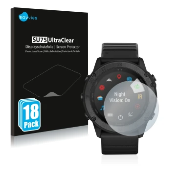 Parte frontal de un envase de producto con el logotipo de la marca Savvies. Al lado se muestra el dispositivo Garmin Tactix De