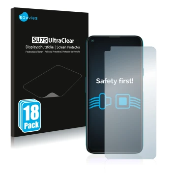 Parte frontal de un envase de producto con el logotipo de la marca Savvies. Al lado se muestra el dispositivo Cubot X30 con su