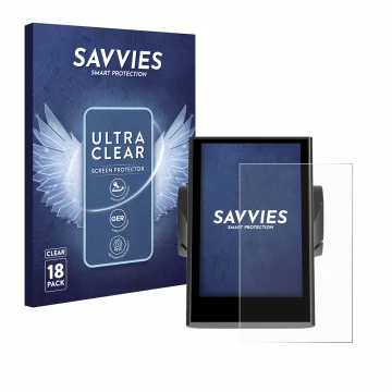 Parte frontal de un envase de producto con el logotipo de la marca Savvies. Al lado se muestra el dispositivo Bafang DP C18 co