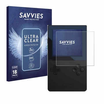 Parte frontal de un envase de producto con el logotipo de la marca Savvies. Al lado se muestra el dispositivo Analogue Pocket 