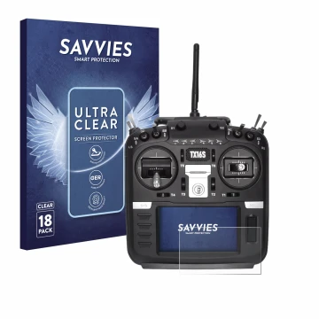 Parte frontal de un envase de producto con el logotipo de la marca Savvies. Al lado se muestra el dispositivo Radiomaster TX16