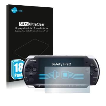 Parte frontal de un envase de producto con el logotipo de la marca Savvies. Al lado se muestra el dispositivo Sony PSP 3003 co