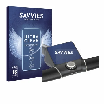 Parte frontal de un envase de producto con el logotipo de la marca Savvies. Al lado se muestra el dispositivo Motocaddy M5 GPS