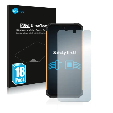 Parte frontal de un envase de producto con el logotipo de la marca Savvies. Al lado se muestra el dispositivo Ulefone Armor 8 