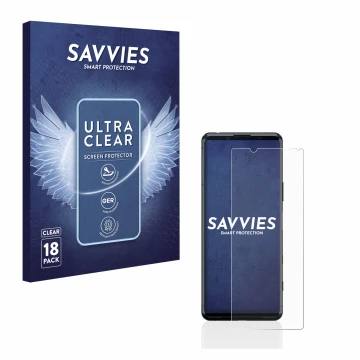 Parte frontal de un envase de producto con el logotipo de la marca Savvies. Al lado se muestra el dispositivo Sony Xperia 5 II