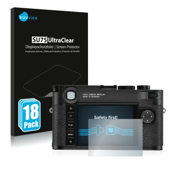 Parte frontal de un envase de producto con el logotipo de la marca Savvies. Al lado se muestra el dispositivo Leica M10-R con 