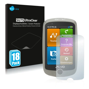 Parte frontal de un envase de producto con el logotipo de la marca Savvies. Al lado se muestra el dispositivo Mitac Mio Cyclo 