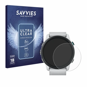Parte frontal de un envase de producto con el logotipo de la marca Savvies. Al lado se muestra el dispositivo Garmin Forerunne
