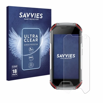Parte frontal de un envase de producto con el logotipo de la marca Savvies. Al lado se muestra el dispositivo Unihertz Atom L 