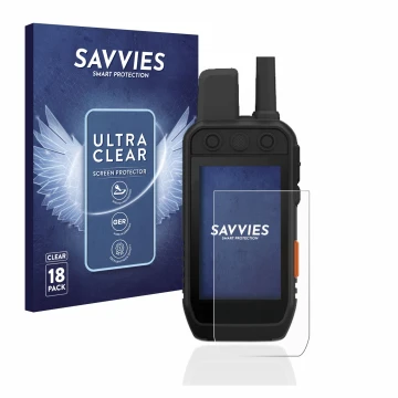 Parte frontal de un envase de producto con el logotipo de la marca Savvies. Al lado se muestra el dispositivo Garmin Alpha 200