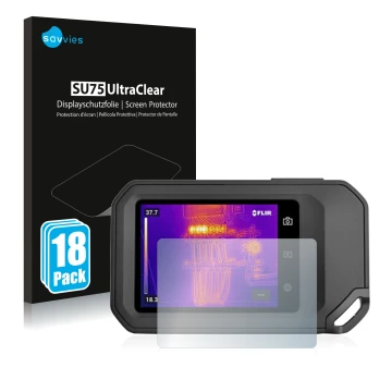Parte frontal de un envase de producto con el logotipo de la marca Savvies. Al lado se muestra el dispositivo Flir C5 con su p