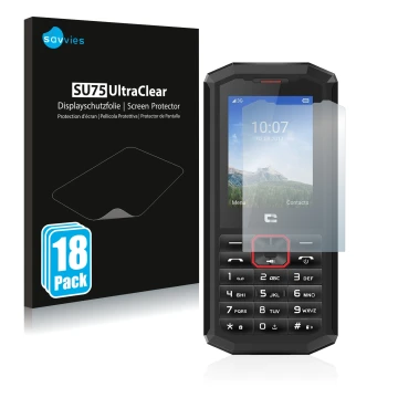 Parte frontal de un envase de producto con el logotipo de la marca Savvies. Al lado se muestra el dispositivo Crosscall Spider