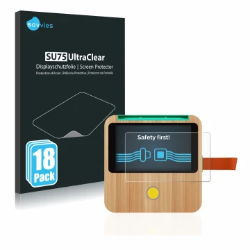 Parte frontal de un envase de producto con el logotipo de la marca Savvies. Al lado se muestra el dispositivo tigerbox Touch c