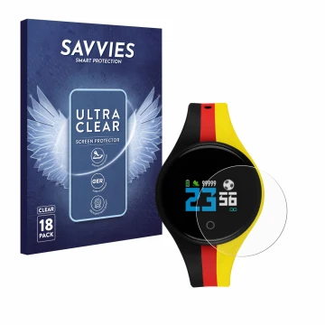 Parte frontal de un envase de producto con el logotipo de la marca Savvies. Al lado se muestra el dispositivo Xlyne X-Watch Eu