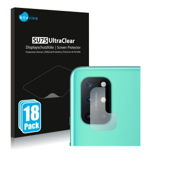 Parte frontal de un envase de producto con el logotipo de la marca Savvies. Al lado se muestra el dispositivo OnePlus 8T (SÓLO