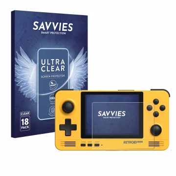 Parte frontal de un envase de producto con el logotipo de la marca Savvies. Al lado se muestra el dispositivo Retroid Pocket 2