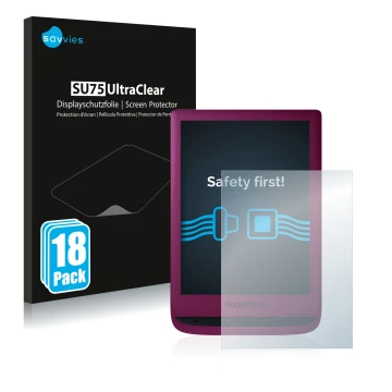 Parte frontal de un envase de producto con el logotipo de la marca Savvies. Al lado se muestra el dispositivo PocketBook Touch