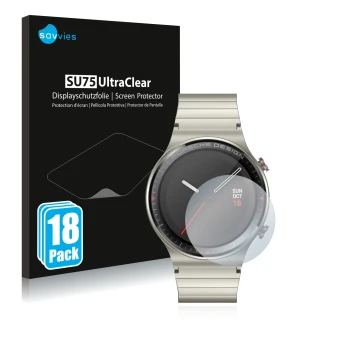 Parte frontal de un envase de producto con el logotipo de la marca Savvies. Al lado se muestra el dispositivo Huawei Watch GT 