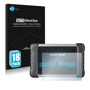 Parte frontal de un envase de producto con el logotipo de la marca Savvies. Al lado se muestra el dispositivo Autel MaxiCOM MK