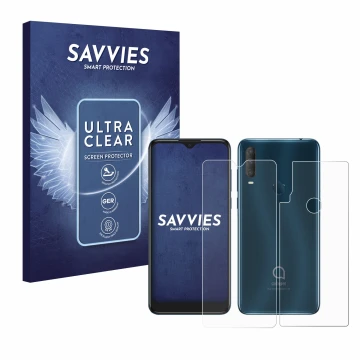 Parte frontal de un envase de producto con el logotipo de la marca Savvies. Al lado se muestra el dispositivo Alcatel 1S 2020 