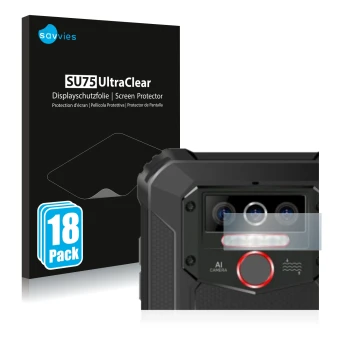 Parte frontal de un envase de producto con el logotipo de la marca Savvies. Al lado se muestra el dispositivo Oukitel WP5 Pro 