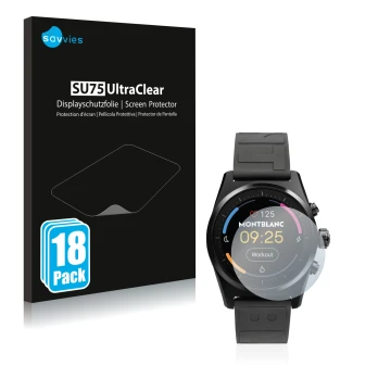 Parte frontal de un envase de producto con el logotipo de la marca Savvies. Al lado se muestra el dispositivo Montblanc Summit