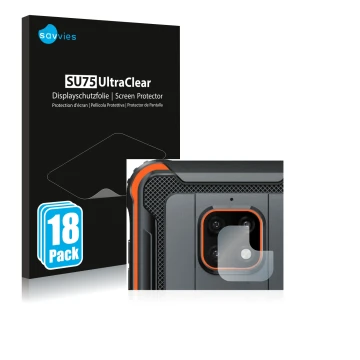 Parte frontal de un envase de producto con el logotipo de la marca Savvies. Al lado se muestra el dispositivo Blackview BV4900