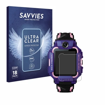 Parte frontal de un envase de producto con el logotipo de la marca Savvies. Al lado se muestra el dispositivo Imoo Watch Phone