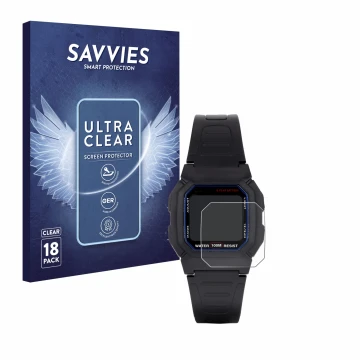 Parte frontal de un envase de producto con el logotipo de la marca Savvies. Al lado se muestra el dispositivo Casio W-800H-1AV