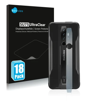 Parte frontal de un envase de producto con el logotipo de la marca Savvies. Al lado se muestra el dispositivo Blackview BV6300