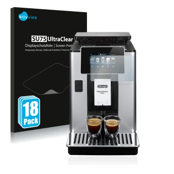 Parte frontal de un envase de producto con el logotipo de la marca Savvies. Al lado se muestra el dispositivo DeLonghi PrimaDo