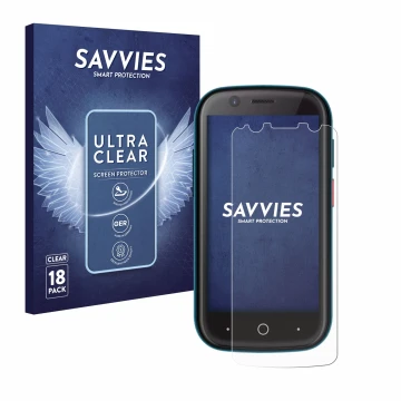 Parte frontal de un envase de producto con el logotipo de la marca Savvies. Al lado se muestra el dispositivo Unihertz Jelly 2