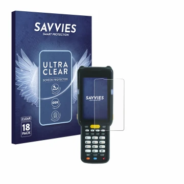 Parte frontal de un envase de producto con el logotipo de la marca Savvies. Al lado se muestra el dispositivo Zebra MC3300X co