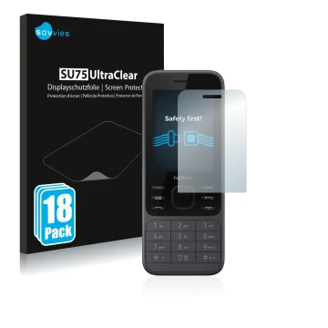 Parte frontal de un envase de producto con el logotipo de la marca Savvies. Al lado se muestra el dispositivo Nokia 6300 2020 