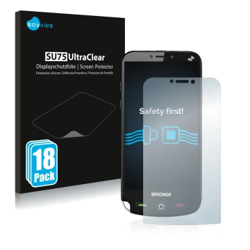 Parte frontal de un envase de producto con el logotipo de la marca Savvies. Al lado se muestra el dispositivo Brondi Amico Dua