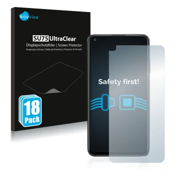 Parte frontal de un envase de producto con el logotipo de la marca Savvies. Al lado se muestra el dispositivo Xiaomi Redmi Not