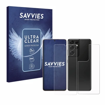 Parte frontal de un envase de producto con el logotipo de la marca Savvies. Al lado se muestra el dispositivo Samsung Galaxy S