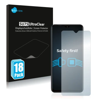 Parte frontal de un envase de producto con el logotipo de la marca Savvies. Al lado se muestra el dispositivo Blackview A80 Pl