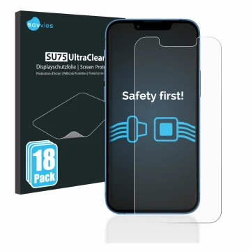 Parte frontal de un envase de producto con el logotipo de la marca Savvies. Al lado se muestra el dispositivo Apple iPhone 13 