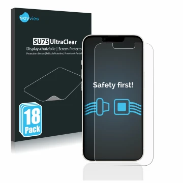 Parte frontal de un envase de producto con el logotipo de la marca Savvies. Al lado se muestra el dispositivo Apple iPhone 13 