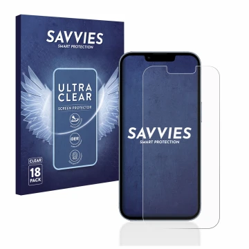 Parte frontal de un envase de producto con el logotipo de la marca Savvies. Al lado se muestra el dispositivo Apple iPhone 13 