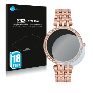 Parte frontal de un envase de producto con el logotipo de la marca Savvies. Al lado se muestra el dispositivo Michael Kors Acc