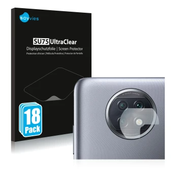 Parte frontal de un envase de producto con el logotipo de la marca Savvies. Al lado se muestra el dispositivo Xiaomi Redmi Not