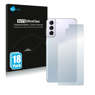 Parte frontal de un envase de producto con el logotipo de la marca Savvies. Al lado se muestra el dispositivo Samsung Galaxy S