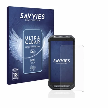 Parte frontal de un envase de producto con el logotipo de la marca Savvies. Al lado se muestra el dispositivo Point Mobile PM8