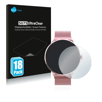 Parte frontal de un envase de producto con el logotipo de la marca Savvies. Al lado se muestra el dispositivo Bebinca Smartwat